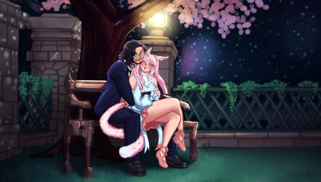 My warrior of light Estelle Paige being hugged from behind by my boyfriends warrior of light Tantalis Aceno while sitting on a bench. Behind the bench is a big cherry blossom tree, a fence with stone pillars emitting light and a starry sky.