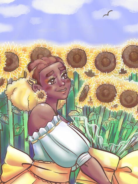 A piece of my OC Ciana holding sunflowers surrounded by sunflowers and sunlight.