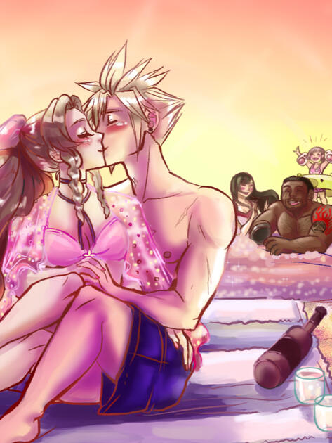 Aerith and Cloud from Final Fantasy VII kissing on a beachtowel with the sun setting behind them and their dear friends Tifa, Barret and Marlene having fun in the water behind them. Theres also a dolphin jumping out of the water.