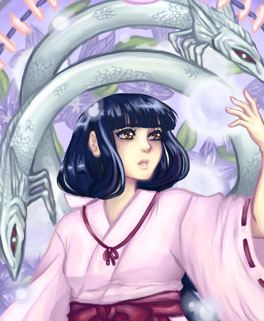 A piece I made of kikyo from Inuyasha as a charm idea. She is surrounded by bellflowers, souls and her companion creatures from the series. There is also a shikon jewel on top.