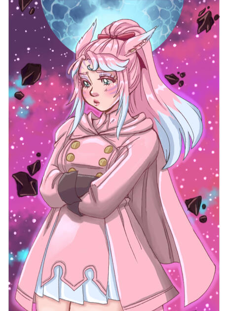 my warrior of light Estelle Paige A fullbody of Estelle looking down in a background inspired by Ultima Thule