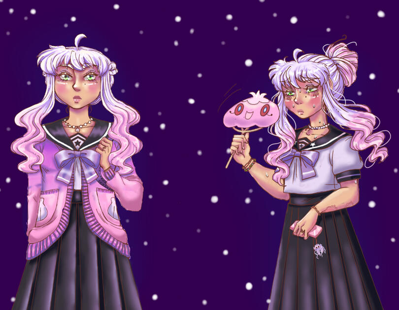 2 fullbodies of my OC Ophelia one fullbody of my OC Ophelia standing frontal and holding her bag. the second fullbody is her fanning herself with a little fan that looks like a jellyfish pokemon