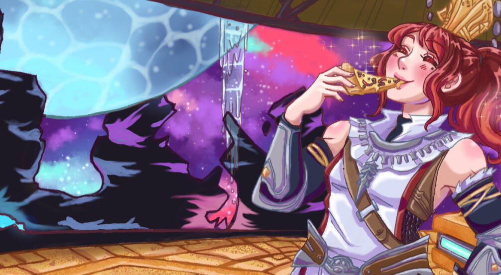 Eating pizza at the edge of the universe commission commission of Clemence, a sweet warrior of light in ffxiv enjoying a pizza on Ultima Thule