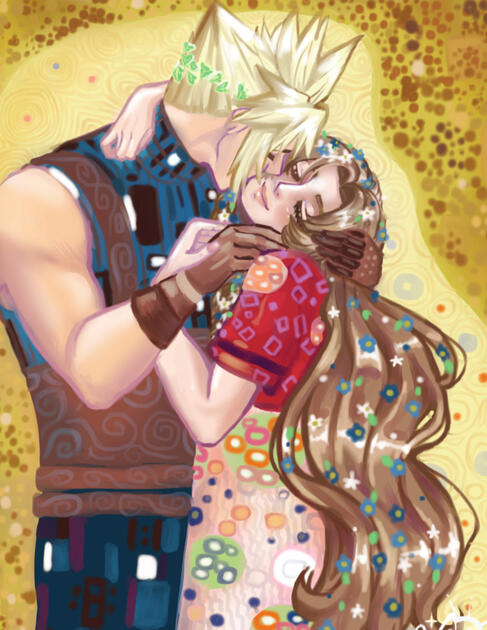 A master study I did of Gustav Klimts 'The Kiss' with Cloud and Aerith back in 2020. Cloud is kissing Aeriths cheek as they sit in a field of flowers.