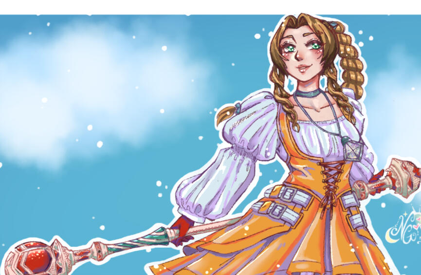 Aerith from FFVII in a Garnet from FFIX inspired dress Aerith Gainsborough from Final Fantasy VII in a dress inspired by Garnet from Final Fantasy IX surrounded by a blue background and little white dots